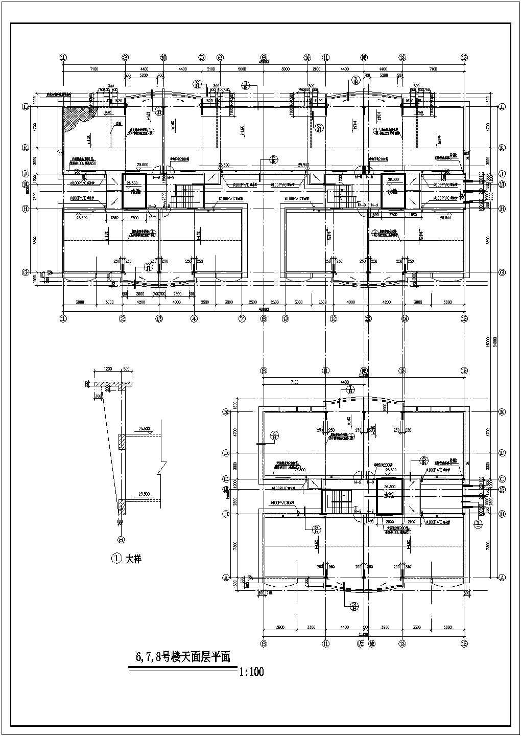 1.2万平米8层框架结构L型商住楼平面设计CAD图纸（底层商店）