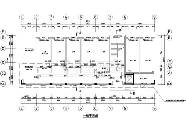 1400平米4层框混结构商务酒店建筑设计CAD图纸（底层临街门面）-图一