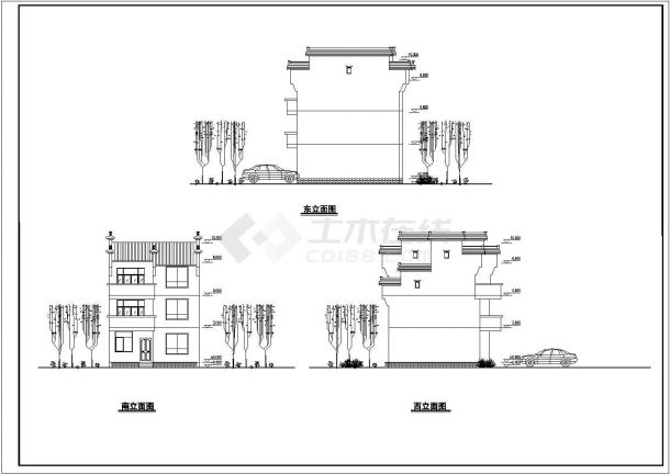某三层别墅带庭院徽派风格建筑平立面CAD设计图纸-图二