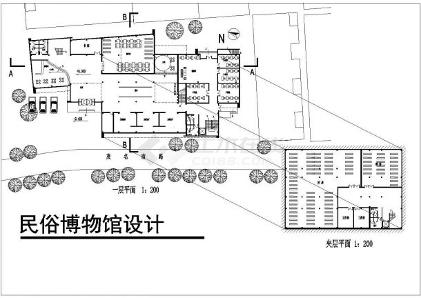 3+1夹层民俗博物馆建筑设计方案【各层平面 5立1剖 总平（比例1：200 无标注。图纸简单）】-图一