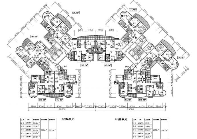 户型平面图设计_2个单元 3室2厅【101.5平至119.3平】2室2厅【81.4平】_图1