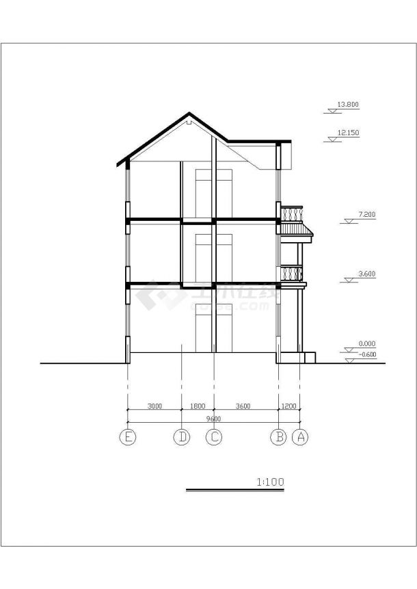 合肥市某村镇310平米3层砖混单体乡村别墅平立剖面设计CAD图纸-图一