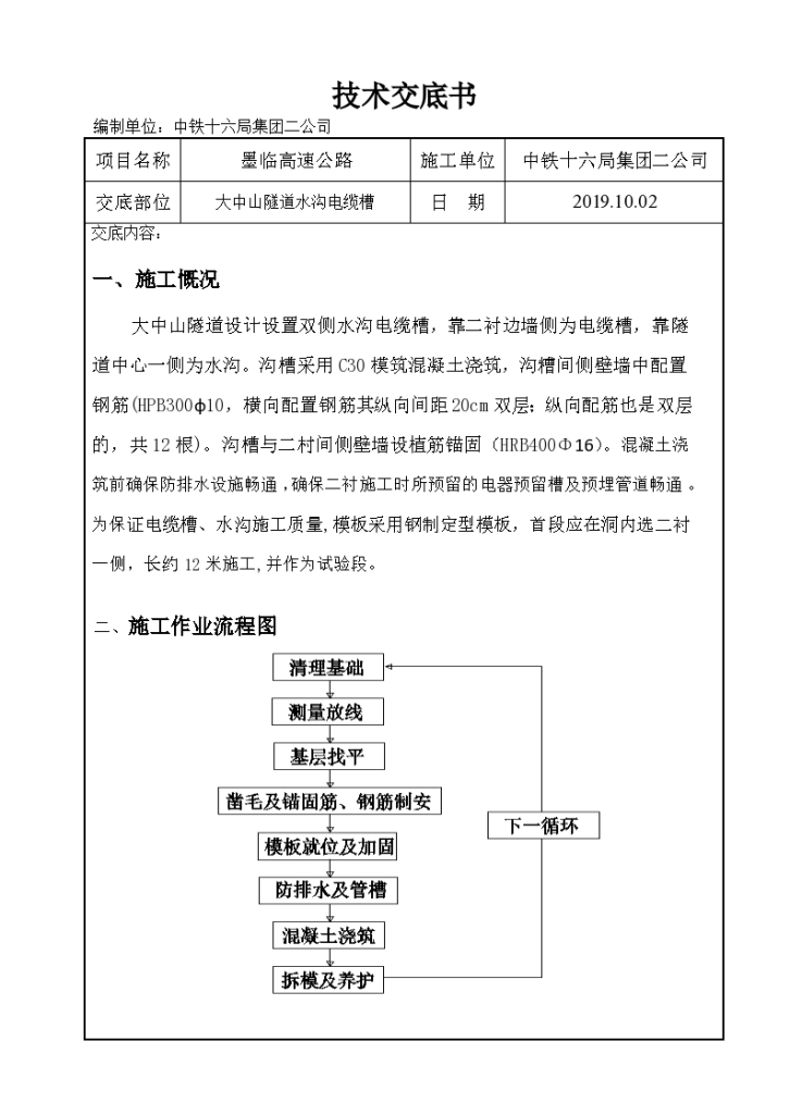 隧道水沟电缆槽施工技术交底设计-图一