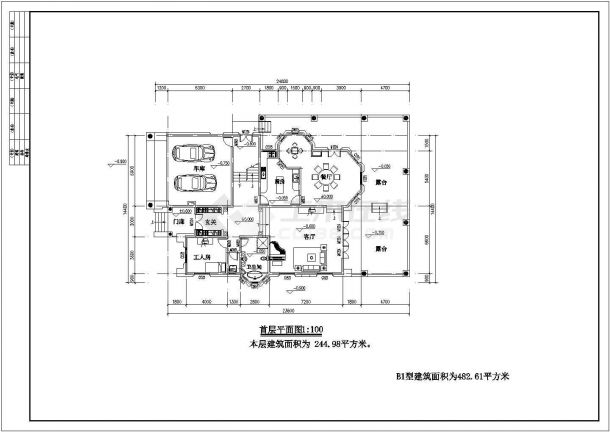 某首层面积339平方米2层4室2厅4卫户型别墅设计cad建筑施工图-图二