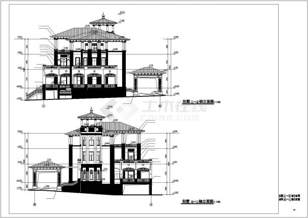 1100平米三层框混结构豪华单体别墅全套建筑设计CAD图纸-图一