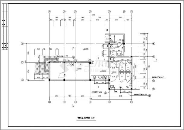 某长13.3米 宽7.3米 1层绿地管理用房及公厕设计cad详细建筑施工图-图二
