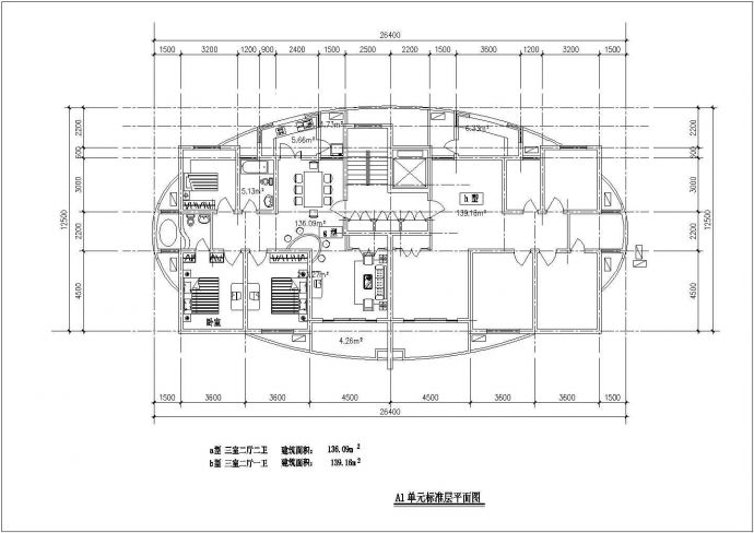 太原市馨慧花园小区住宅楼的标准层平面设计CAD图纸（5张）_图1