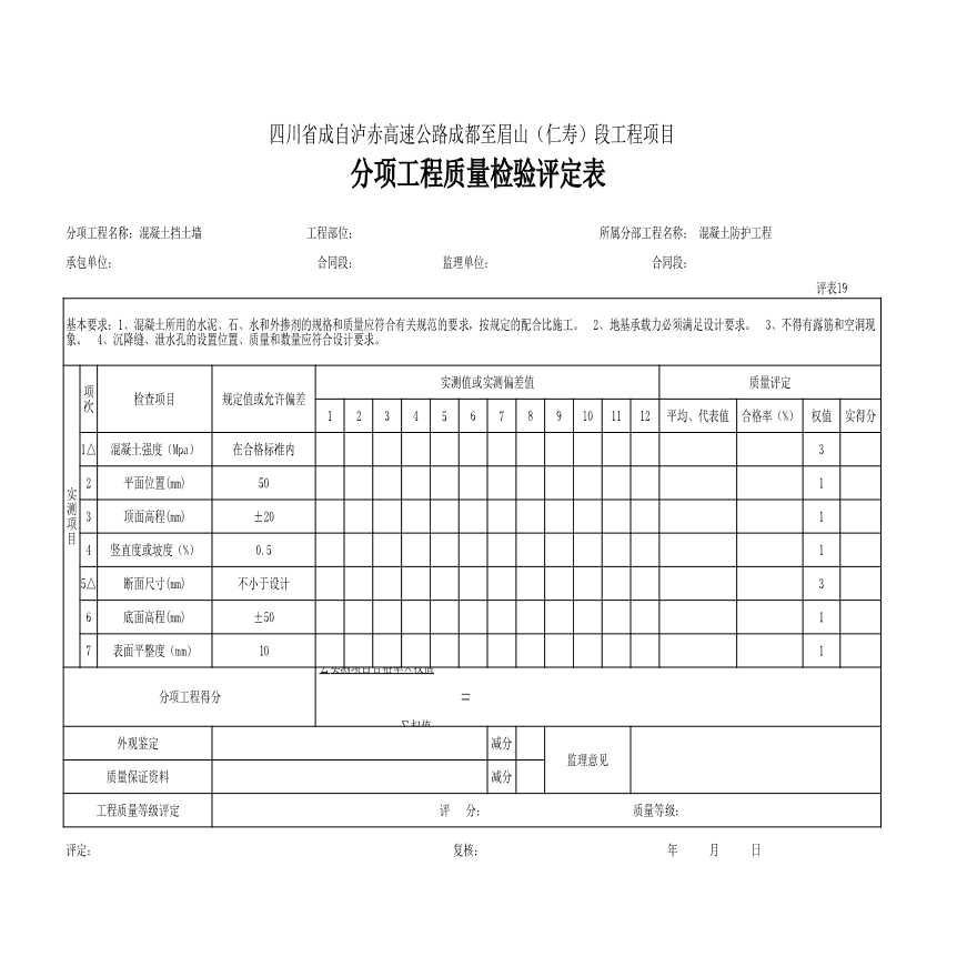 混凝土挡土墙 分项工程质量检验评定表.xls