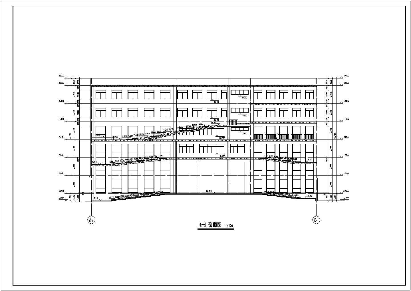 大同市某技术学院5100平米6层框架结构教学综合楼立剖面设计CAD图纸