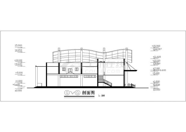 延安市某大学2100平米3层框架结构活动中心平立剖面设计CAD图纸-图二