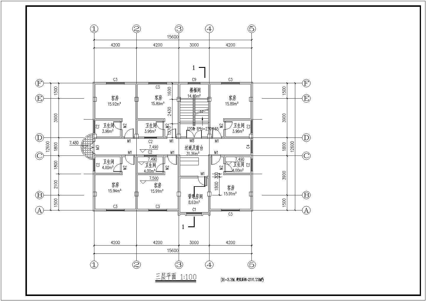 850平米4层框架结构简约型旅馆建筑设计CAD图纸（底层商铺）