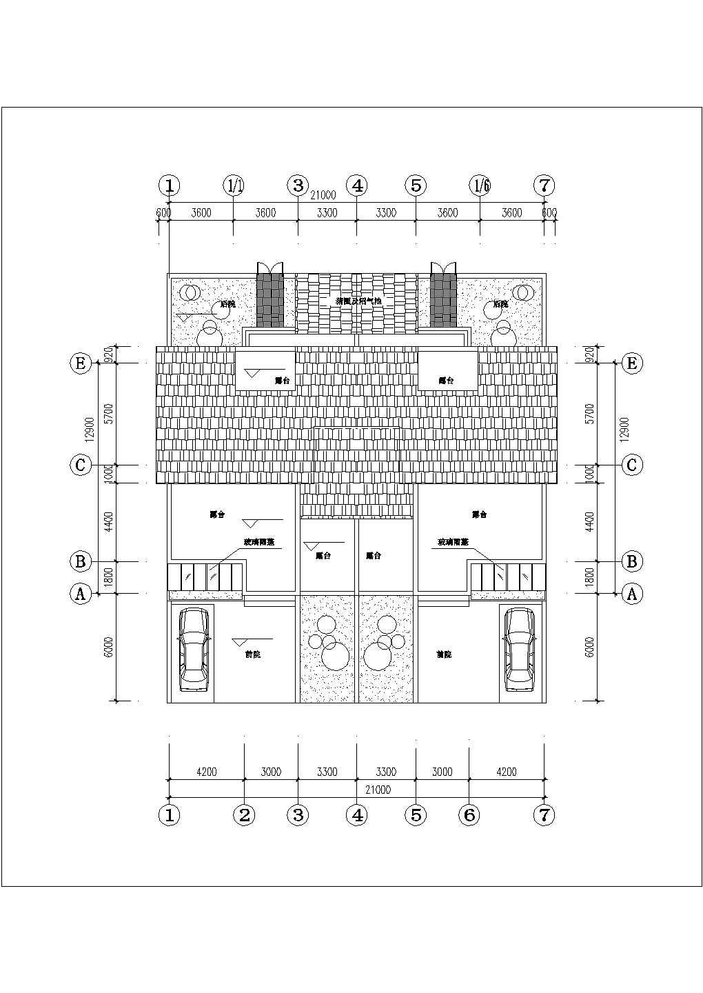 占地190平米3层框混结构双拼别墅平立剖面设计CAD图纸