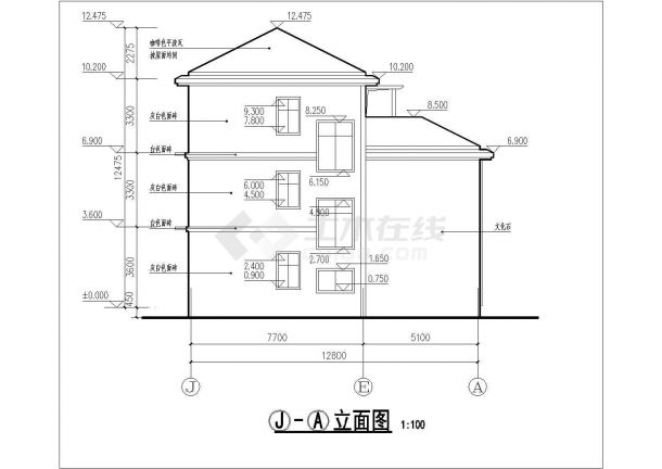 湖州市某小区410平米三层砖混单体别墅建筑设计CAD图纸-图一