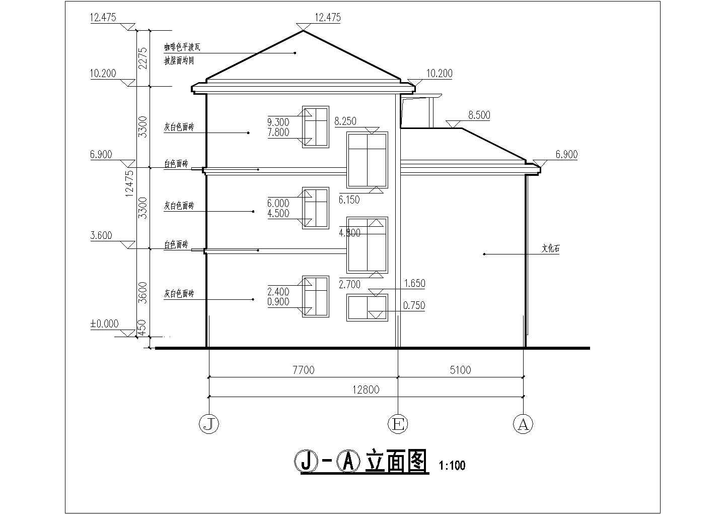 湖州市某小区410平米三层砖混单体别墅建筑设计CAD图纸