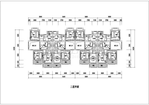 某小区双拼墙身建筑四拼联排户型设计施工CAD图纸-图一