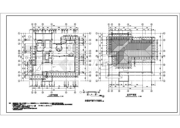 某村庄517平米3层框架结构乡村别墅全套平立剖面设计CAD图纸-图一