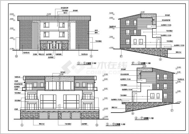 900平米3层框架结构双拼别墅建筑设计CAD图纸（含地下室层）-图一