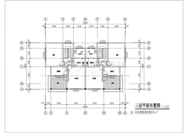 510平米3层框架结构双拼别墅全套平立剖面设计CAD图纸-图二