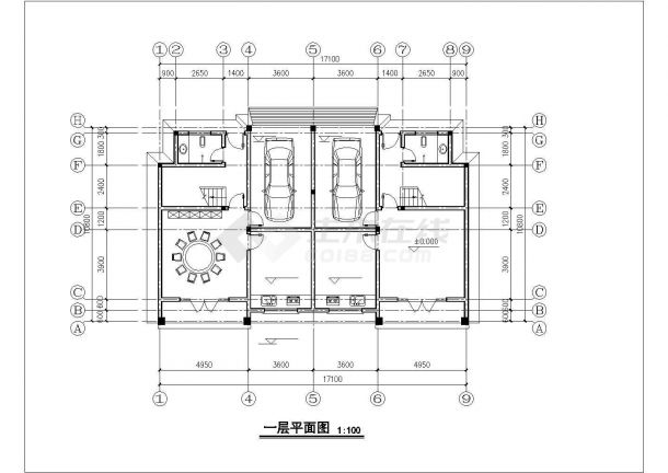 四层框混结构双拼式独栋别墅全套平立剖面设计CAD图纸（每户390平米）-图一