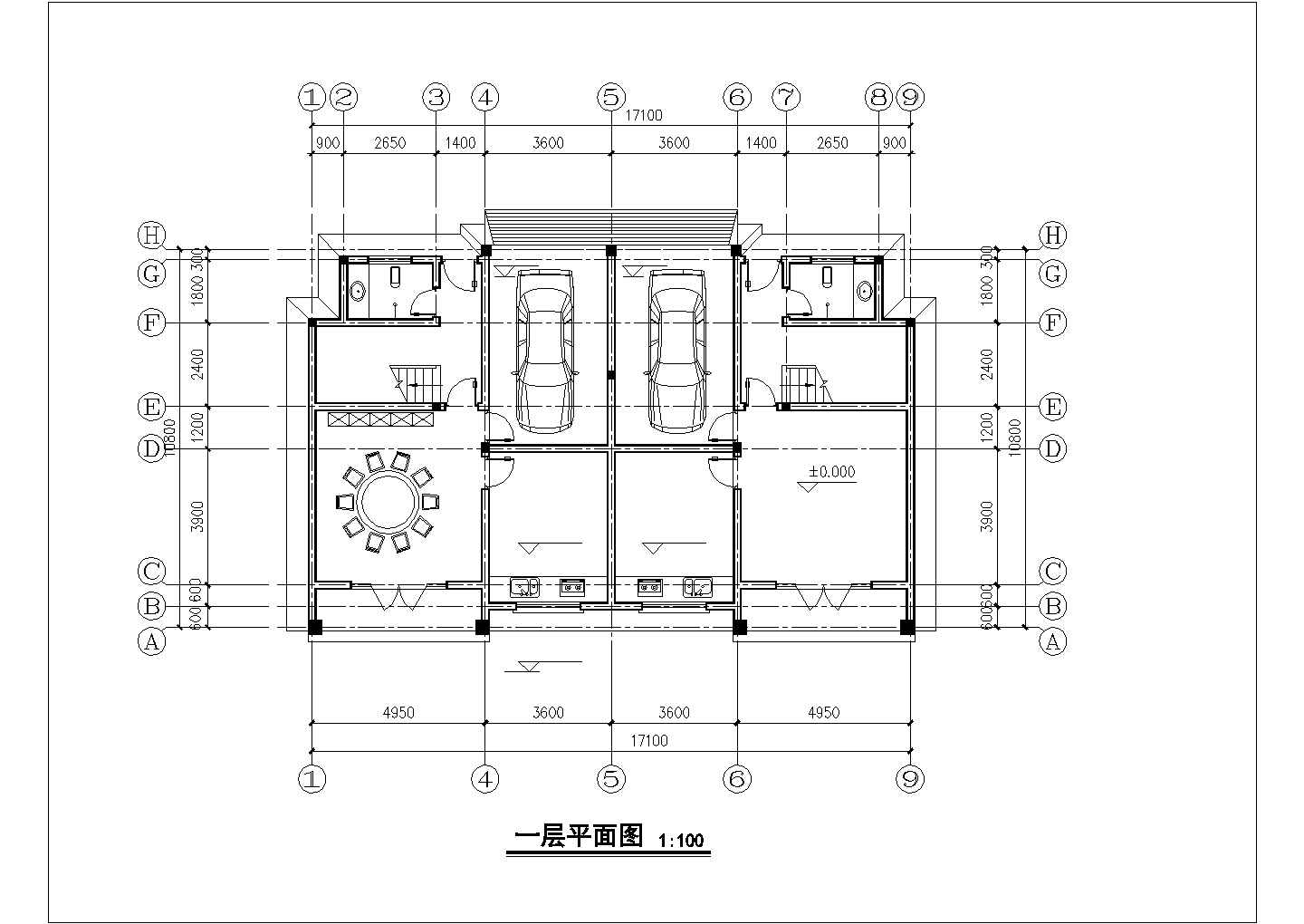 四层框混结构双拼式独栋别墅全套平立剖面设计CAD图纸（每户390平米）