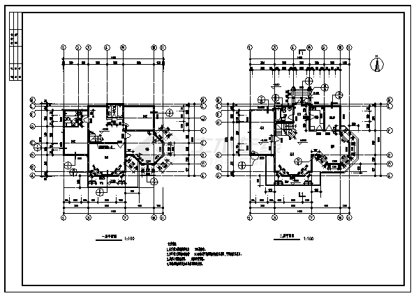 某三层有阳光房及凉亭的精致别墅建筑施工cad图_别墅施工-图一