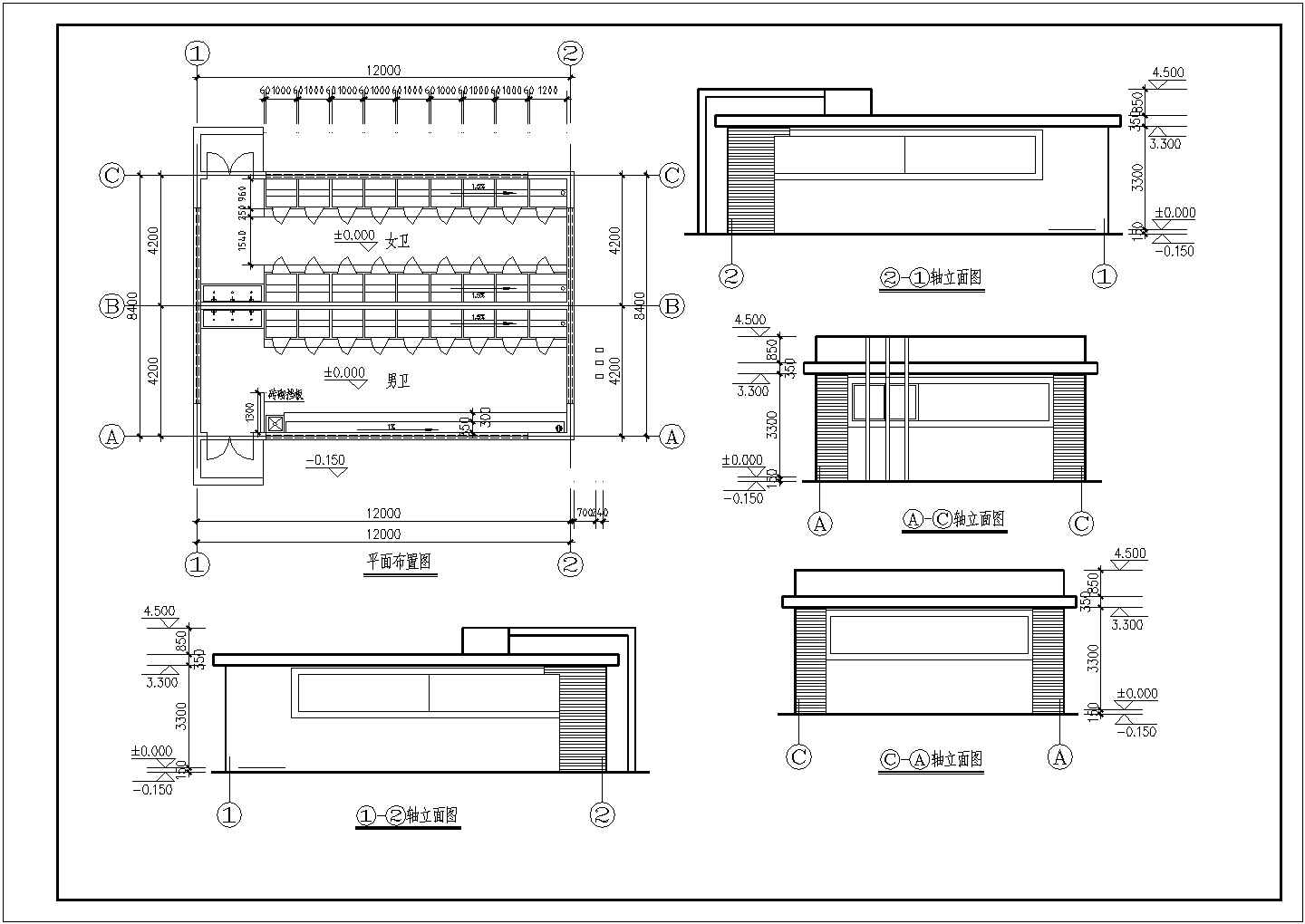 某长12米 宽9.5和8.4米 二个一层公厕CAD框架结构设计方案（含每个公厕的平面布置图 四个立面图）