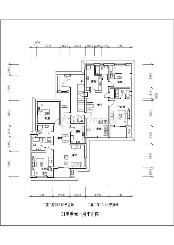 衡阳市二室二厅103平米设计全套施工cad图-图一