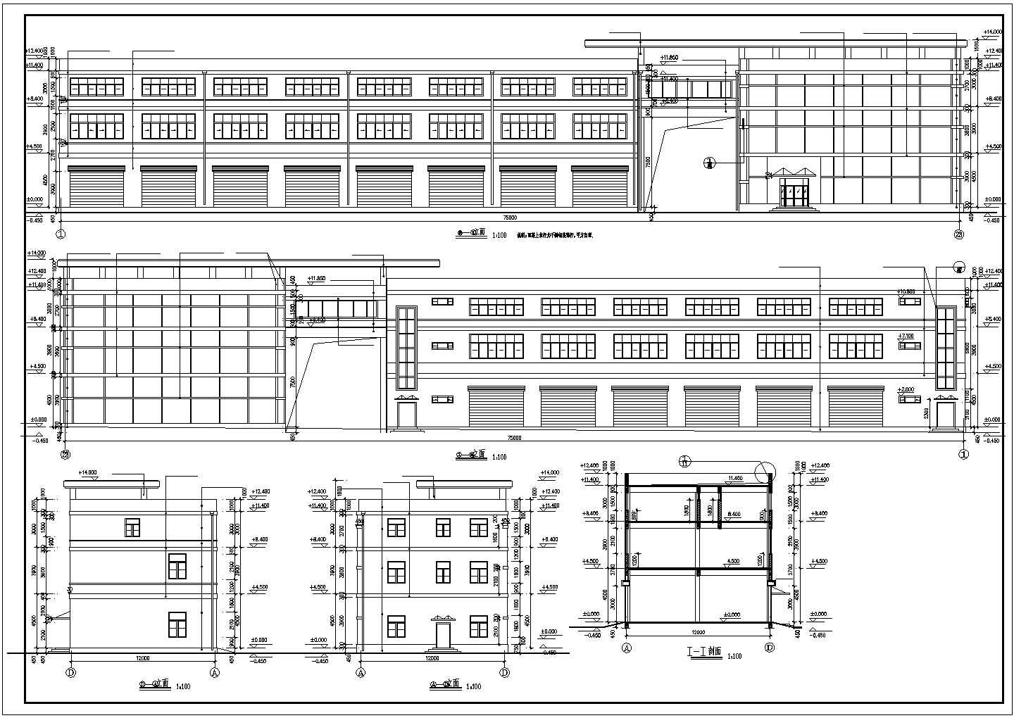 长75.24米 宽12.24米 3层2562平米厂房车间宿舍综合楼建筑cad施工图
