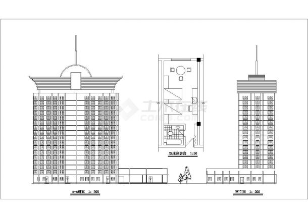 石家庄某商业街8500平米16层框架结构商务宾馆平立剖面设计CAD图纸-图一