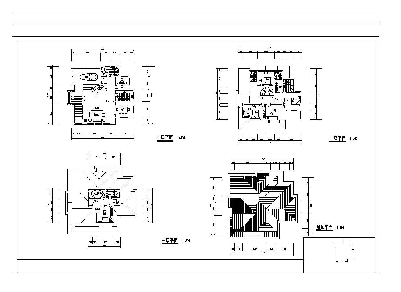 300平方米3层别墅建筑平面设计cad图纸