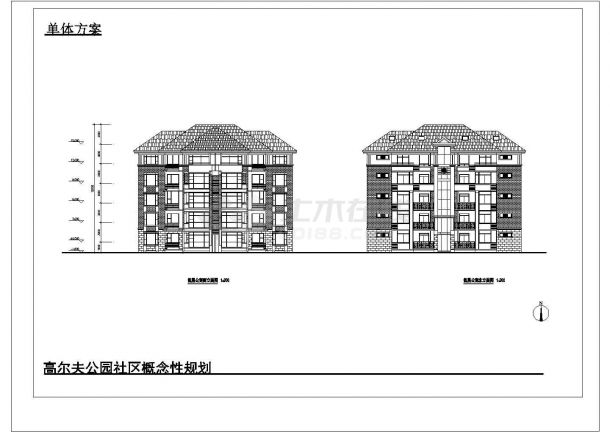 低层公寓方案 长23.4米 宽13.3米 4层1楼梯每层2户（含首层标准层平面 2立面）-图一