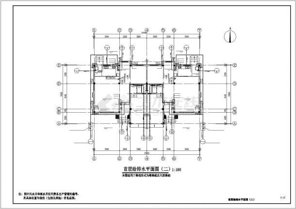宜兴市某小区430平米2层砖混结构住宅楼给排水设计CAD图纸-图二