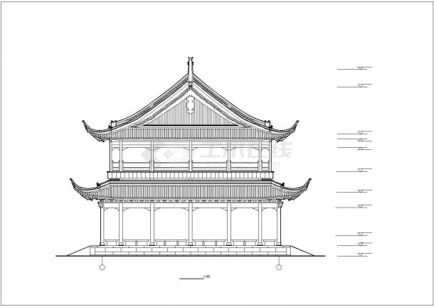某二层框架结构中式古典风格亭楼设计cad建筑施工图-图一
