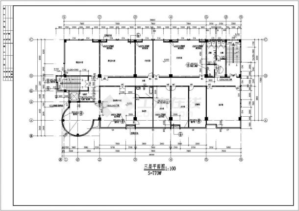 某4340㎡地上六层框架结构办公楼建筑施工CAD图纸，包含建筑说明，四层平面图，剖面图等。(CAD，15张图纸)-图二