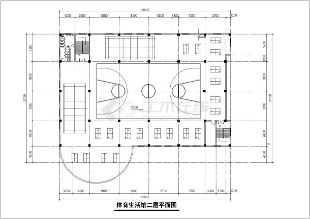 上海某中学1900平米2层框架结构是食堂+体育馆平剖面设计CAD图纸-图二