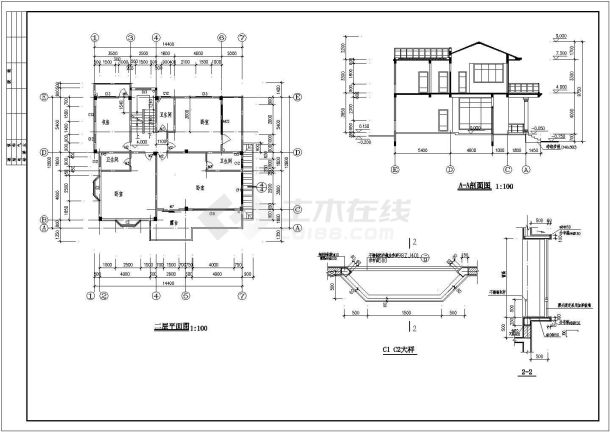 东信山庄二层框架结构别墅设计cad详细建筑施工图（含设计说明）-图二