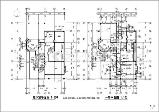某两层框架结构独立豪华别墅设计cad全套建筑施工图（含设计说明，含效果图）-图二