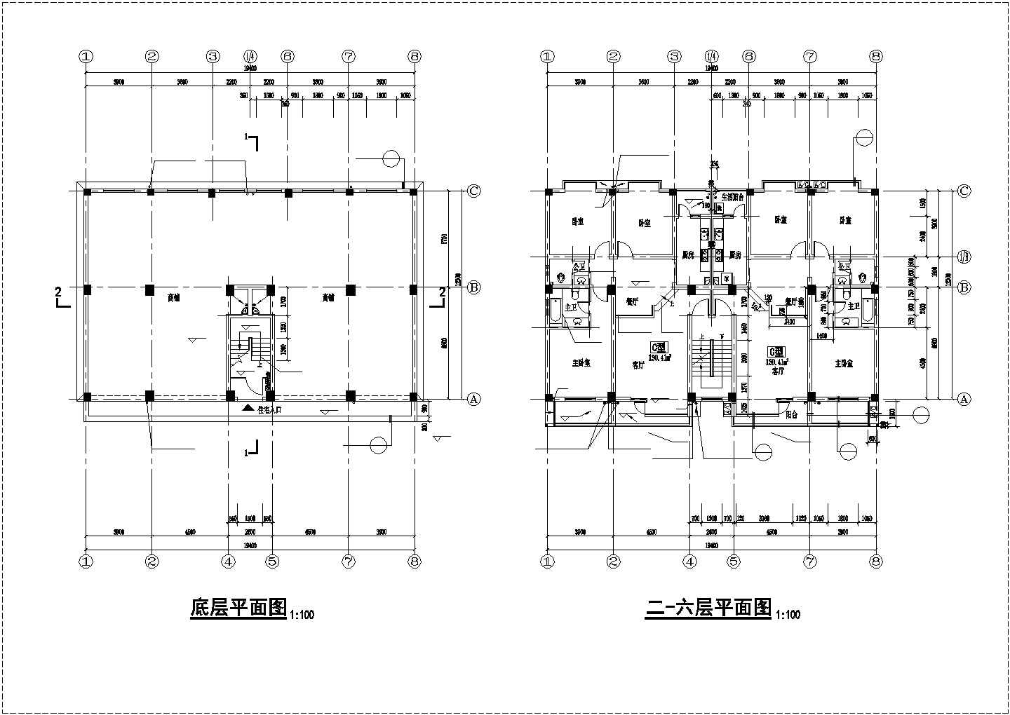 占地270平米6层砖混结构商住楼建筑设计CAD图纸（底层商铺）