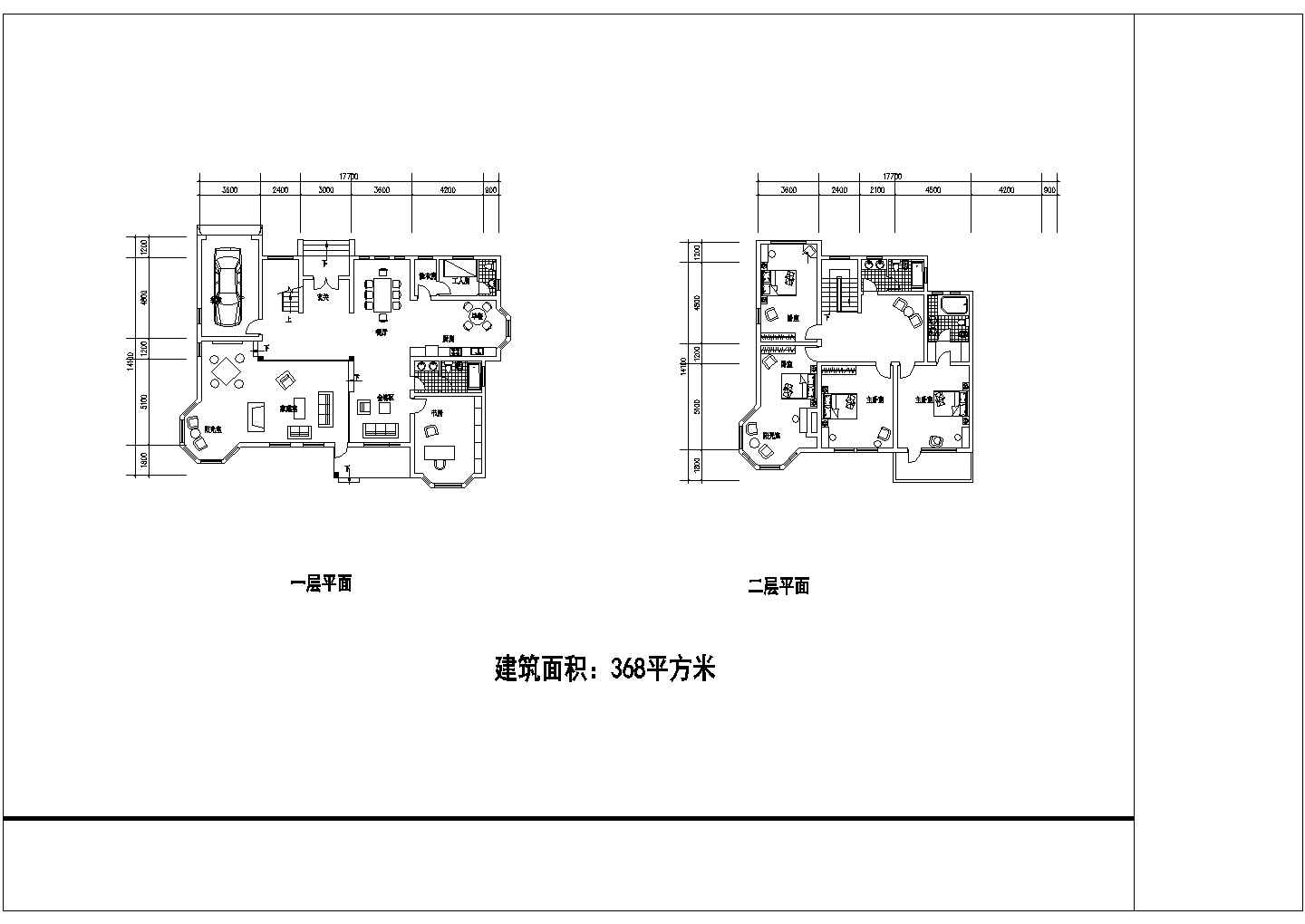 某368平方米二层框架结构简欧风格别墅设计cad建筑方案图纸