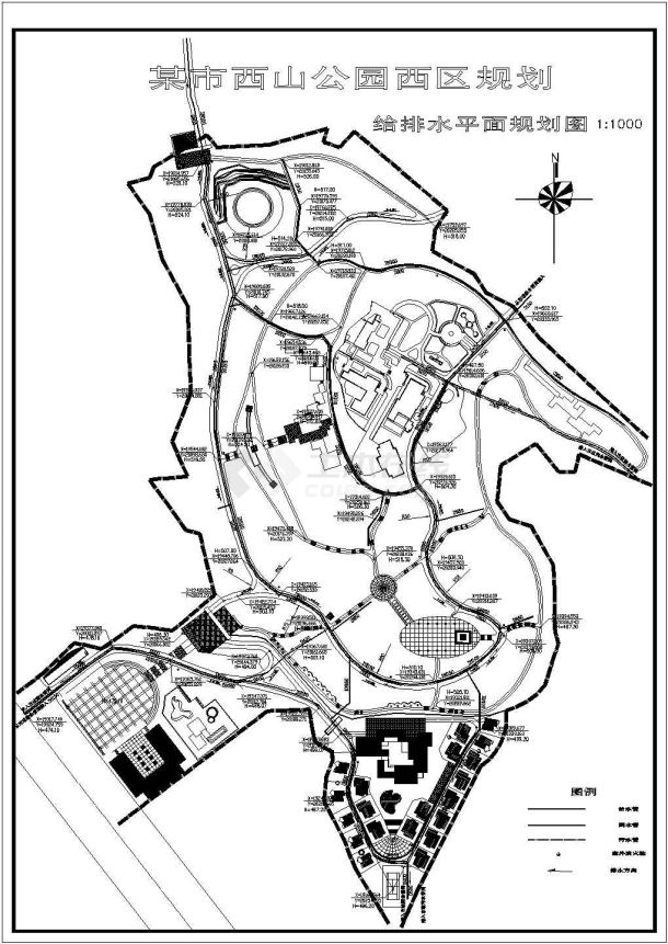 某市西山公园西区规划设计cad总平面施工图纸（含种植、给排水及道路设计）-图一