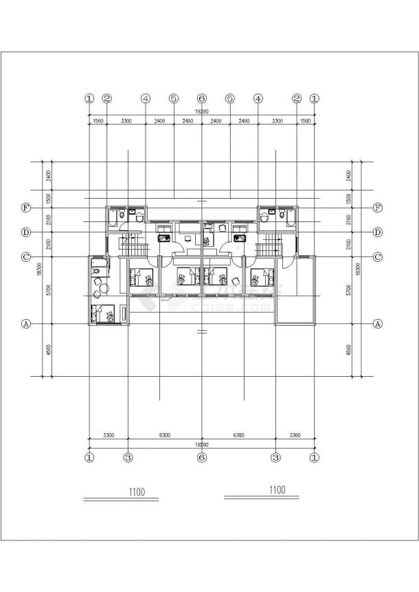 2+1层框混结构双拼别墅平立剖面设计CAD图纸（每户143平米）-图一