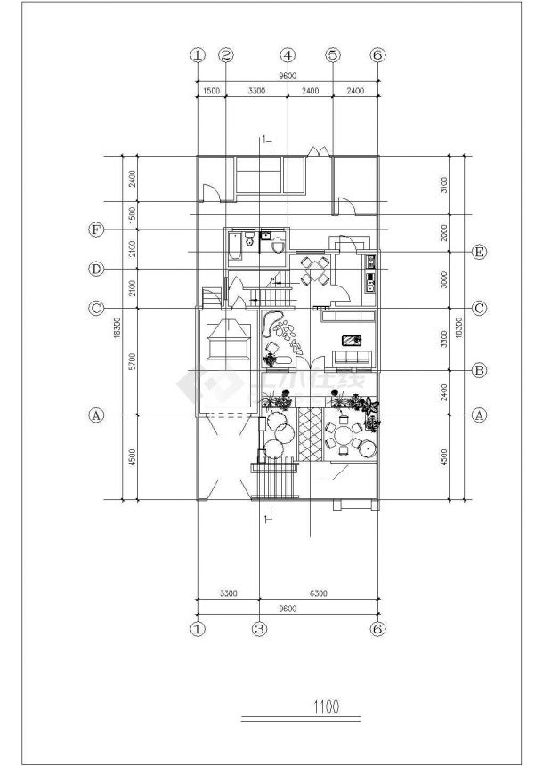 2+1层框混结构双拼别墅平立剖面设计CAD图纸（每户143平米）-图二