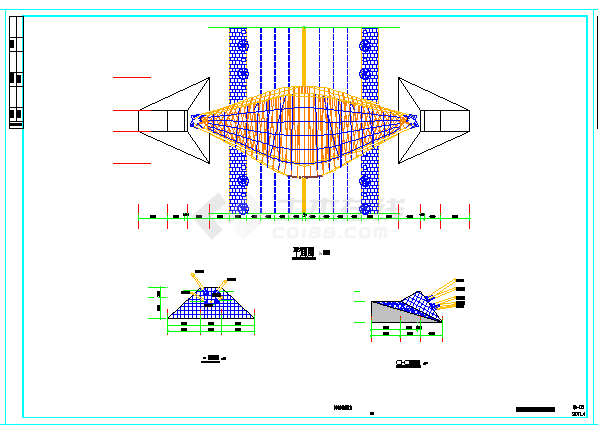 物流园大门双钢拱-索膜组合结构cad设计施工图-图二