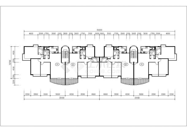 2600平米6层砖混结构住宅楼平立剖面设计CAD图纸（1层4户）-图一