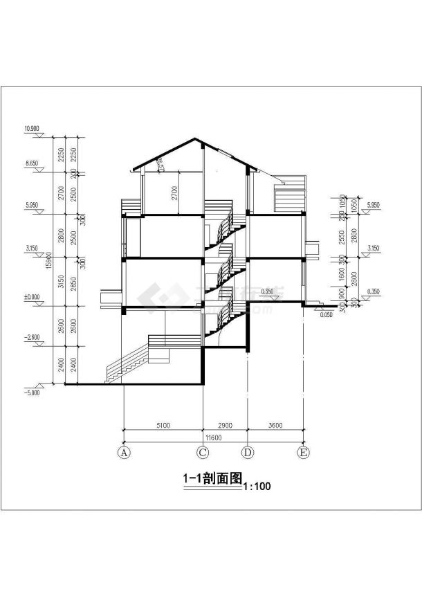 1300平米3层框架组合式别墅平立剖面设计CAD图纸（1楼4户/每户310平米）-图二
