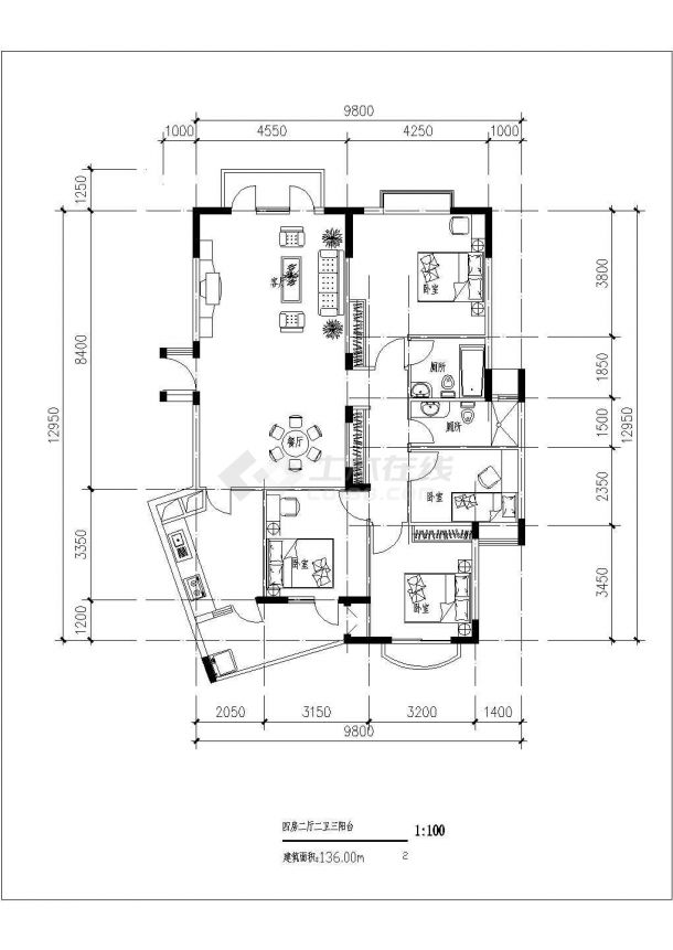 某现代小区住宅户型设计cad建筑平面方案图-图二