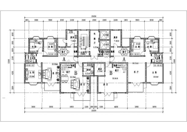 滁州市某现代化小区9栋住宅楼的标准层平面设计CAD图纸-图一