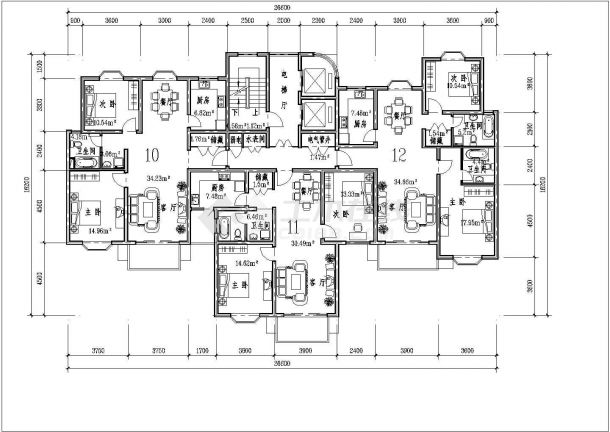 滁州市某现代化小区9栋住宅楼的标准层平面设计CAD图纸-图二
