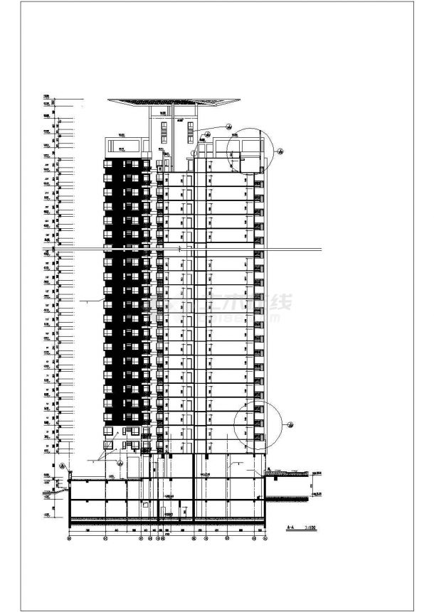 广州某小区33层剪力墙结构住宅楼立剖面设计CAD图纸（含水箱和机房层）-图一