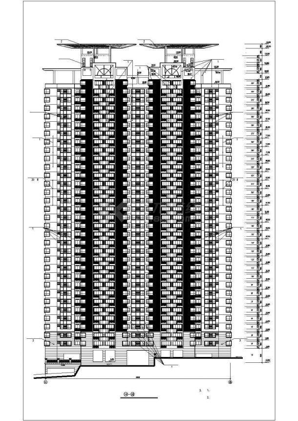 广州某小区33层剪力墙结构住宅楼立剖面设计CAD图纸（含水箱和机房层）-图二